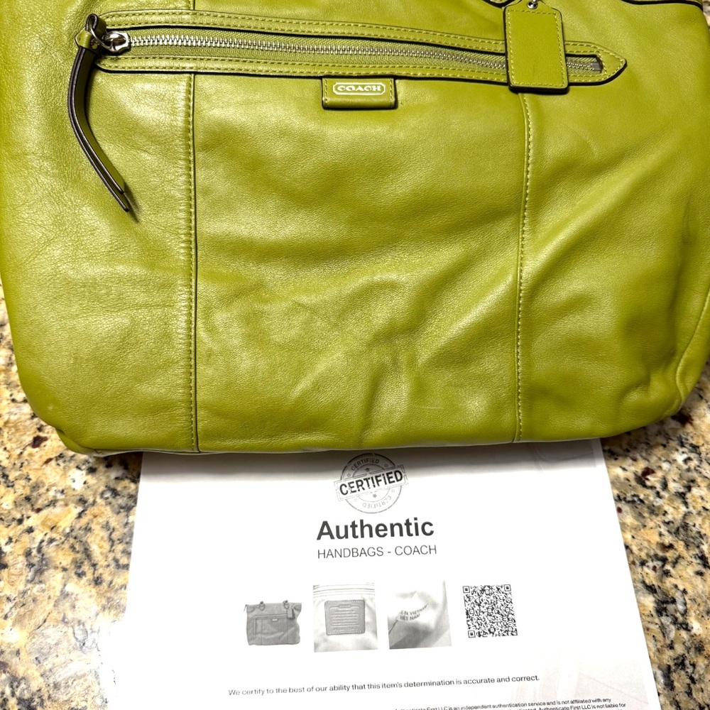 Coach Bright Chartreuse Leather Shoulder Bag-measuring 13 x 18 x 3 1/2”
